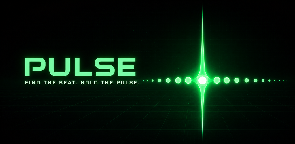 Pulse wordmark and bright green timing signal on a dark grid
